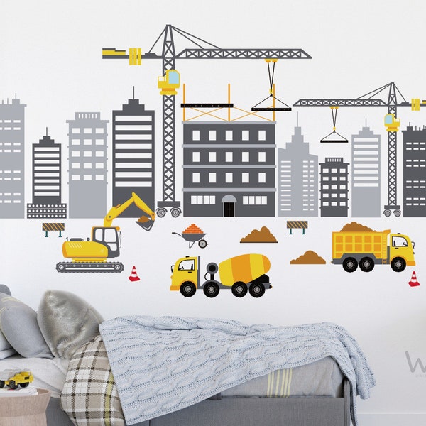 City Skyline Wall Stickers with Construction Truck Decals Excavator Cement Mixers Removable for Kid Boys Nursery Bedroom Playroom Art Decor
