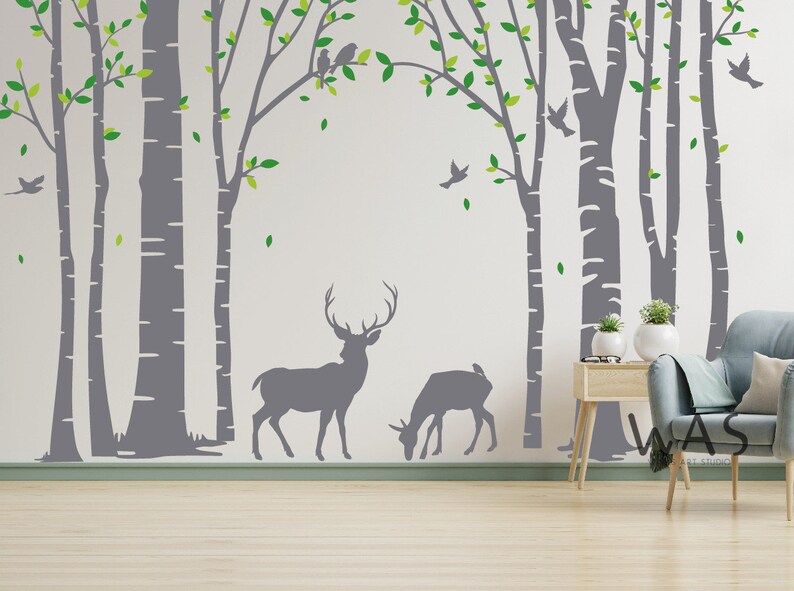 Birch Tree Deer Wall Decal Nursery Forest Removable Birch Trees Vinyl ...