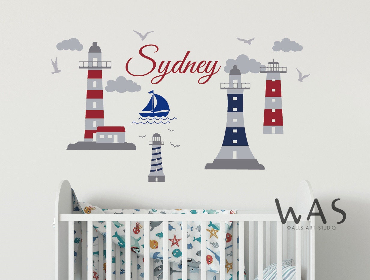 Nautical Themed Wall Stickerscustom Name With Lighthouse Wall Etsy