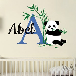 Custom Name & Initial Panda Bear Wall Decals, Nursery Wall Decal For Baby Room, Panda With Bamboo Wall Stickers For Home Childrens Bedroom