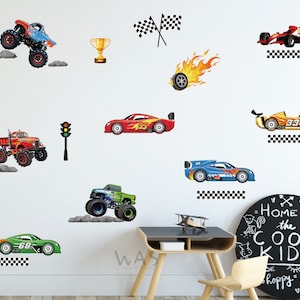 Naklejki ścienne z samochodami wyścigowymi, naklejki ścienne z pojazdami Monster Trucks, naklejki z flagami wyścigowymi na światłach drogowych, dekoracja ścienna do pokoju dziecięcego dla chłopców