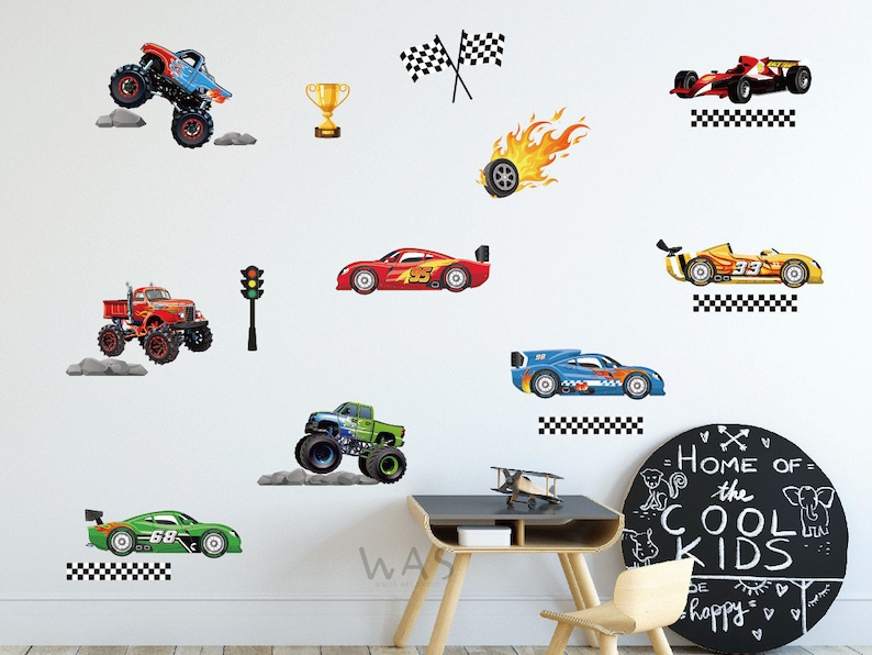 May include: A set of colorful wall decals featuring race cars, monster trucks, and a checkered flag. The decals are perfect for adding a fun and sporty touch to a child's room.