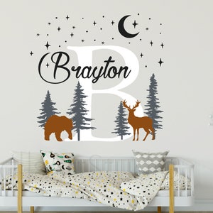 Personalized  Name Decal ,Pine With Deers Name Wall Sticker, Adventure  Decor For  Child's Bedroom, Nursery Deer Bear Name Wall Stickers