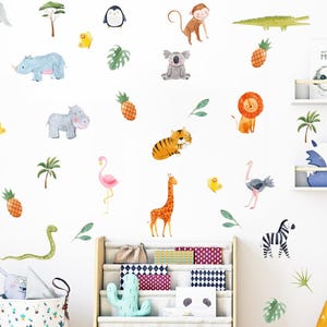 30 stuks muurstickers safaridieren, schattige aquarel dieren patronen stickers, jungle thema decor voor kinderdagverblijf, klaslokaal, speelkamer, slaapkamer