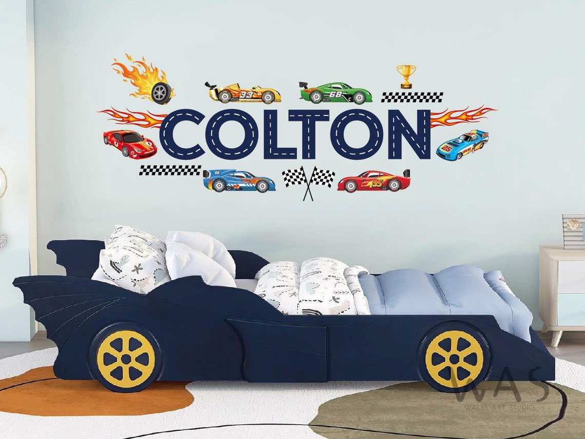 Race Cars Wall Decal for Boys Room - Custom Name Car Bedroom Decor ...