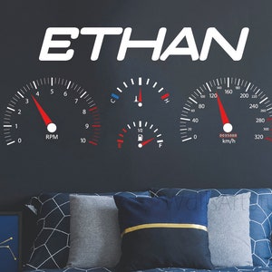 Boy Custom Name Wall Decal, Speedometer Wall Decal, Racing Car Speedometer Vinyl Wall Sticker ,Kids Room Wall Sticker,Nursery Home Decor