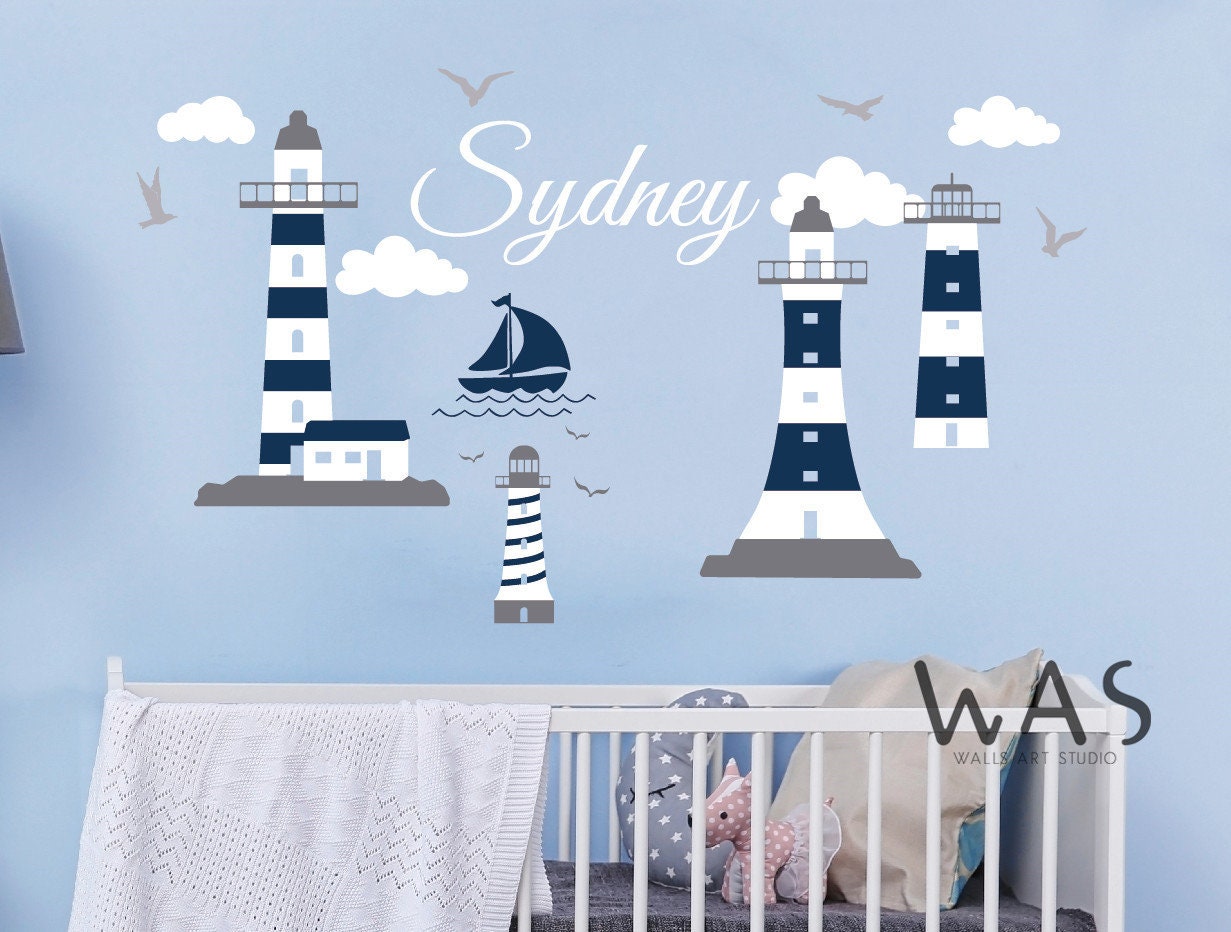 Nautical Themed Wall Stickerscustom Name With Lighthouse Wall Etsy