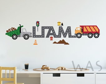 Construction Wall Decal, Personlized Name With Trucks Wall Decal,Custom Road Style Name With Garbage Truck Vehicles Cars, Kids Wall Stickers