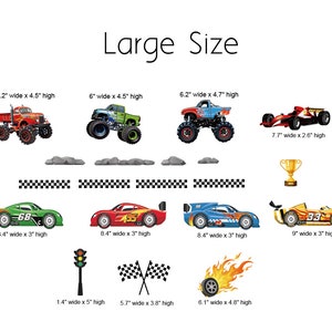 May include: A set of 10 large-sized, colorful, die-cut cake toppers featuring race cars, a trophy, a checkered flag, a traffic light, and a tire with flames. The toppers are perfect for a race car themed party.