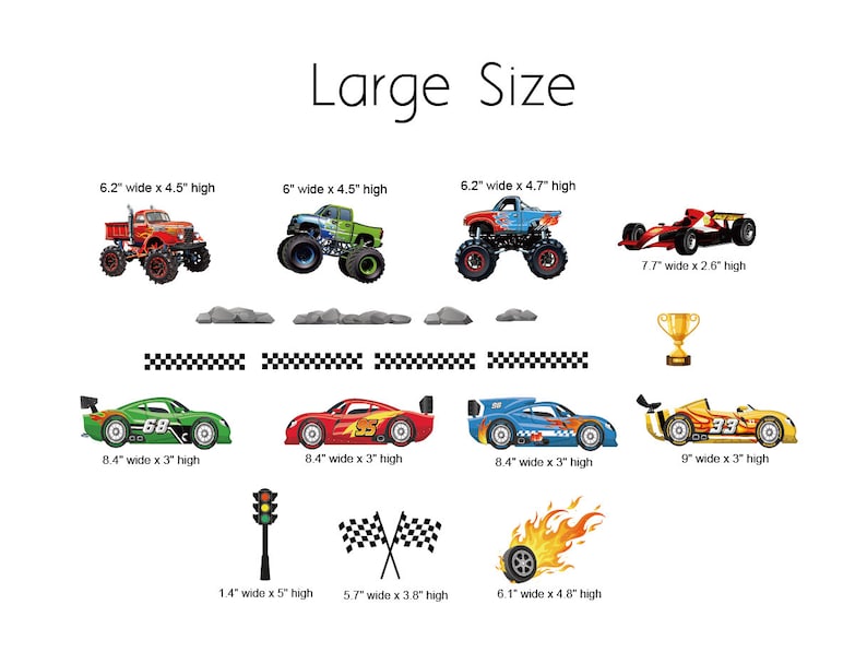 May include: A set of 10 large-sized, colorful, die-cut cake toppers featuring race cars, a trophy, a checkered flag, a traffic light, and a tire with flames. The toppers are perfect for a race car themed party.