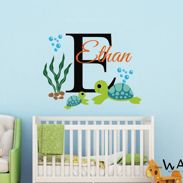 Turtles Customized Name Wall Decal, Baby Boy Room Decor, Nursery Wall Decals, Custom Name With Turtles Monogram Vinyl Sticker