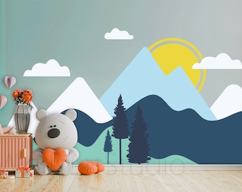 Colourful Mountains Wall Sticker Home Decor For Kids Room Nursery ,Moutains With Birds Decals, Moutains Vinyl Decals