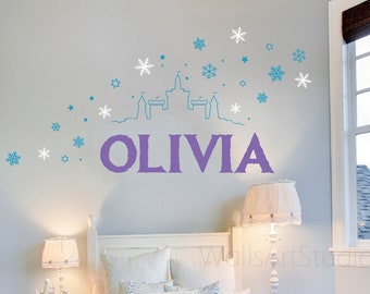 Calcomanías de copos de nieve congelados, calcomanía de pared con nombre estilo Frozen, calcomanía "Déjalo ir", calcomanía con nombre inspirado en Frozen, calcomanía con nombre personalizado