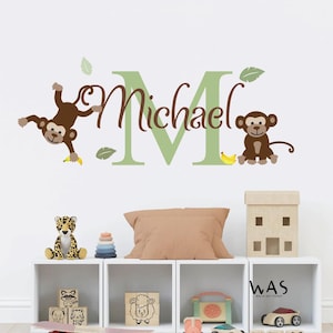 Personalized Name With Jungle Monkey Vinyl Wall Decal, Nursery Stickers for Baby Wall Decoration, Monkey Stickers for Kids Jungle Theme Wall