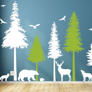 Pine Tree With Animals Bear fox  Wall Decals, Forest Wall Decals,Wild Life Woodland Wall Decals, Kids Wall Decals,Nursery Wall Decor