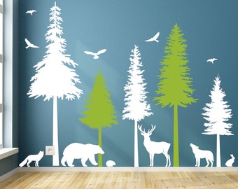 Pine Tree With Animals Bear fox  Wall Decals, Forest Wall Decals,Wild Life Woodland Wall Decals, Kids Wall Decals,Nursery Wall Decor