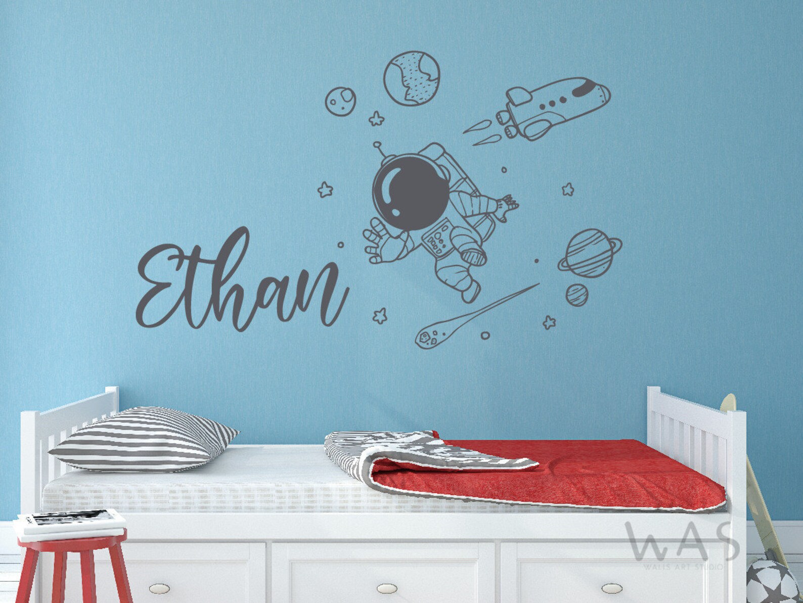 Boy Name Wall Decal, Space Wall Art, Rocket Decal, Astronaut Wall Decor ...