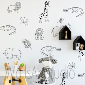 Animals Pattern Wall Decals - Safari Nursery Wall Art, Jungle Nursery Decal, Kids Room Wall Stickers, Tropical Jungle Animals Wall Decor