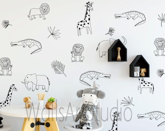 Animals Pattern Wall Decals - Safari Nursery Wall Art, Jungle Nursery Decal, Kids Room Wall Stickers, Tropical Jungle Animals Wall Decor