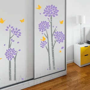 Birch Tree Decal, Birch Tree With Flower Ball Wall Decal, Peel Stick Removable Vinyl Art, Bedroom Nursery Wall Art ,4 pcs set Birch Tree Art
