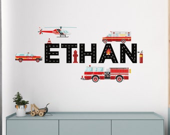 Personlized Boy Name Fire Trucks Wall Stickers Transportation Firefighter Vehicle Peel and Stick Emergency Vehicle Decals for Boys Bedroom
