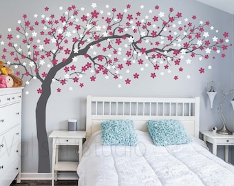 Cherry Blossoms Tree Vinyl Sticker ,Tree With Flowers  Wall Decal, Girls Room Wall Decal, Nursery Tree Wall Decal For Bedroom Wall Decor