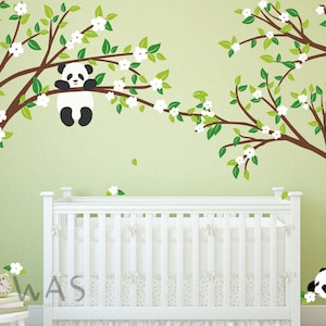 Panda Tree Wall Decals, Nursery Tree Wall Stickers, Large Tree Wall Decals, Panda Wall Stickers, Panda Bear Cherry Blossom Tree Wall Decals