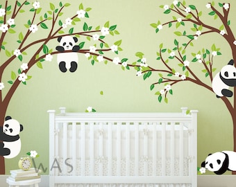 Panda Tree Wall Decals, Nursery Tree Wall Stickers, Large Tree Wall Decals, Panda Wall Stickers, Panda Bear Cherry Blossom Tree Wall Decals