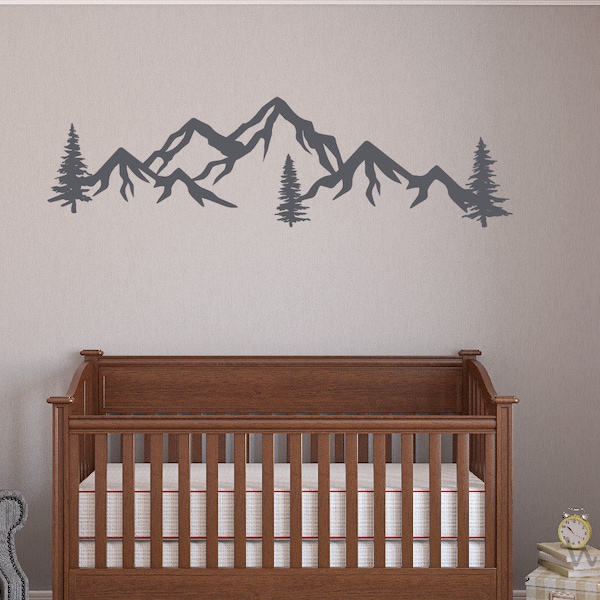 Mountain Wall Decal Baby Nursery, Large Mountains Vinyl Sticker, PlayRoom Wall Decor,Mountains With Pine trees Wall Sticker for Nursery Room