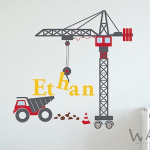 Adhesivo para camión grúa sobre orugas, adhesivo personalizado para camión de construcción, adhesivo para pared para camión grúa, adhesivo para pared con nombre personalizado para niños
