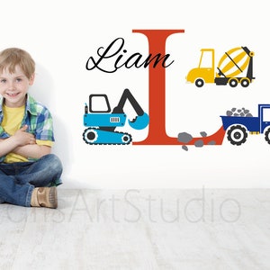 Trucks Digger  Decal,Construction Trucks Decals ,Excavator Mixer Sticker ,Boys Room Wall Decor ,Personalized Name  With Trucks Wall Stickers