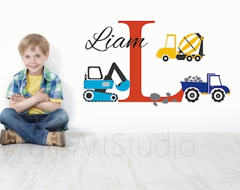 Trucks Digger  Decal,Construction Trucks Decals ,Excavator Mixer Sticker ,Boys Room Wall Decor ,Personalized Name  With Trucks Wall Stickers