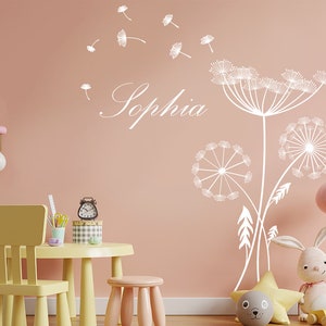 Large Dandelion Wall Decal, Personalized Name Wall Sticker,Flower Wall Decal, Plants Wall Art,Kids Room Wall Sticker, Apartment Wall Decor