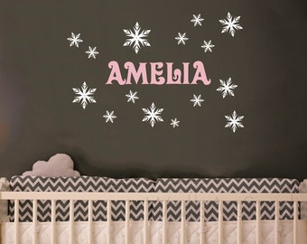 Calcomanías de copos de nieve, nombre con calcomanía de pared de estilo congelado, pegatina Let it go, calcomanía de nombre de copo de nieve, calcomanía de nombre personalizado