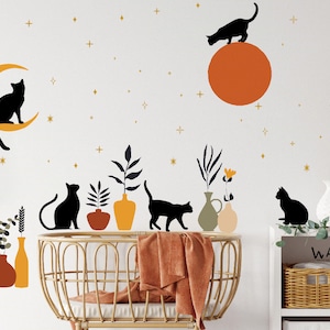 Boho Abstract Moon and Sun Stars With Bohemian Black Cats Wall Decals, Boho Style Vases Plant Leaf  Modern Home Kitchen Living Room Decor