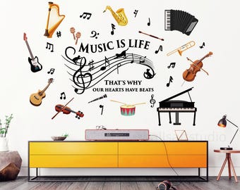 Väggdekal med musik är liv, färgglatt och attraktivt musikinstrument med gitarrpiano, klistermärke för dekoration i klassrummets musikstudio