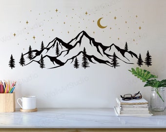 Berg Aufkleber, Berge mit Mond Wandaufkleber, Home Decor für Kinderzimmer Kinderzimmer, Berge mit Mond Abziehbilder, Berge Vinyl Aufkleber