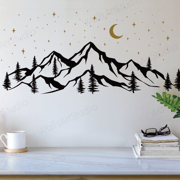 Mountain Decal, Mountains With Moon Wall Sticker,Home Decor For Kids Room Nursery ,Moutains With moon  Decals, Moutains Vinyl Decals