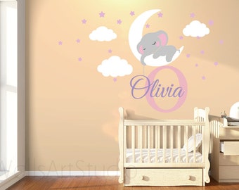 Elephant Decal -Custom Names With  Baby Elephant Decal  -Elephant Nursery Wall Decal -Elephant With Moons And Stars  Decal -Kids Room Decor
