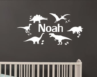 Decalcomanie da muro con nome dinosauro, adesivi dinosauro, adesivi murali dinosauro per bambini della scuola materna, decorazione murale camera del ragazzo, decalcomanie in vinile dinosauro