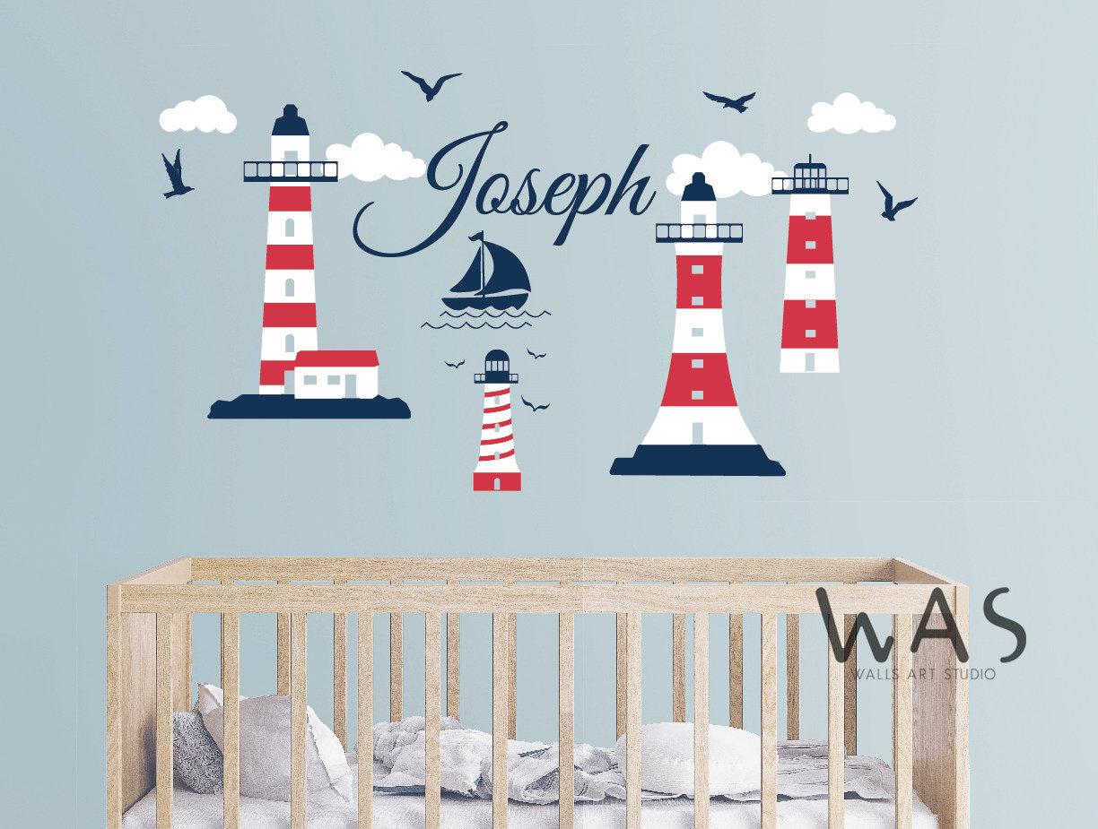 Nautical Themed Wall Stickerscustom Name With Lighthouse Wall Etsy