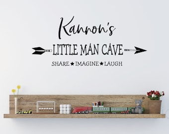 Op de afbeelding: Zwarte en witte muursticker met de tekst "Kannon's Little Man Cave" en een pijl die naar rechts wijst. Onder de pijl staat de tekst "SHARE IMAGINE LAUGH".
