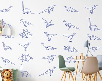 Sticker dinosaure, Sticker dinosaure géométrique, 32 pcs dinosaures, Stickers muraux dinosaures pour chambre d'enfant, décoration murale pour chambre de garçon