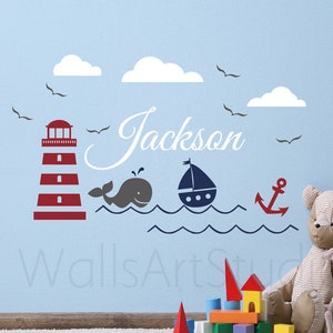 Custom Name Lighthouse Anchor Decal and Whale  Sticker  -Marine Nautical Theme Decal  - Wall Decal Nursery for Home Bedroom Children