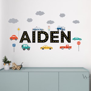 Personalized Name With Cute Construction Vehicles Wall Decals, City Cars Wall Stickers, Nursery Room Wall Decor, Boy Room wall Decals