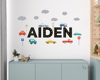 Personalized Name With Cute Construction Vehicles Wall Decals, City Cars Wall Stickers, Nursery Room Wall Decor, Boy Room wall Decals