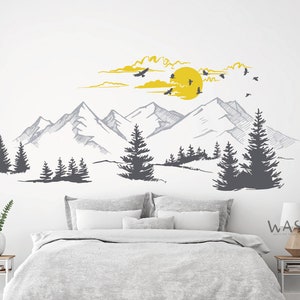 Mountains With Birds Pine tree land Scape Wall Sticker Home Decor For Kids Room Nursery ,Mountains With Birds Decals, Moutains Vinyl Decals