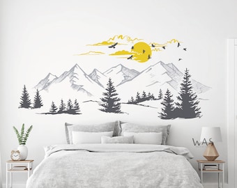 Mountains With Birds Pine tree land Scape Wall Sticker Home Decor For Kids Room Nursery ,Mountains With Birds Decals, Moutains Vinyl Decals