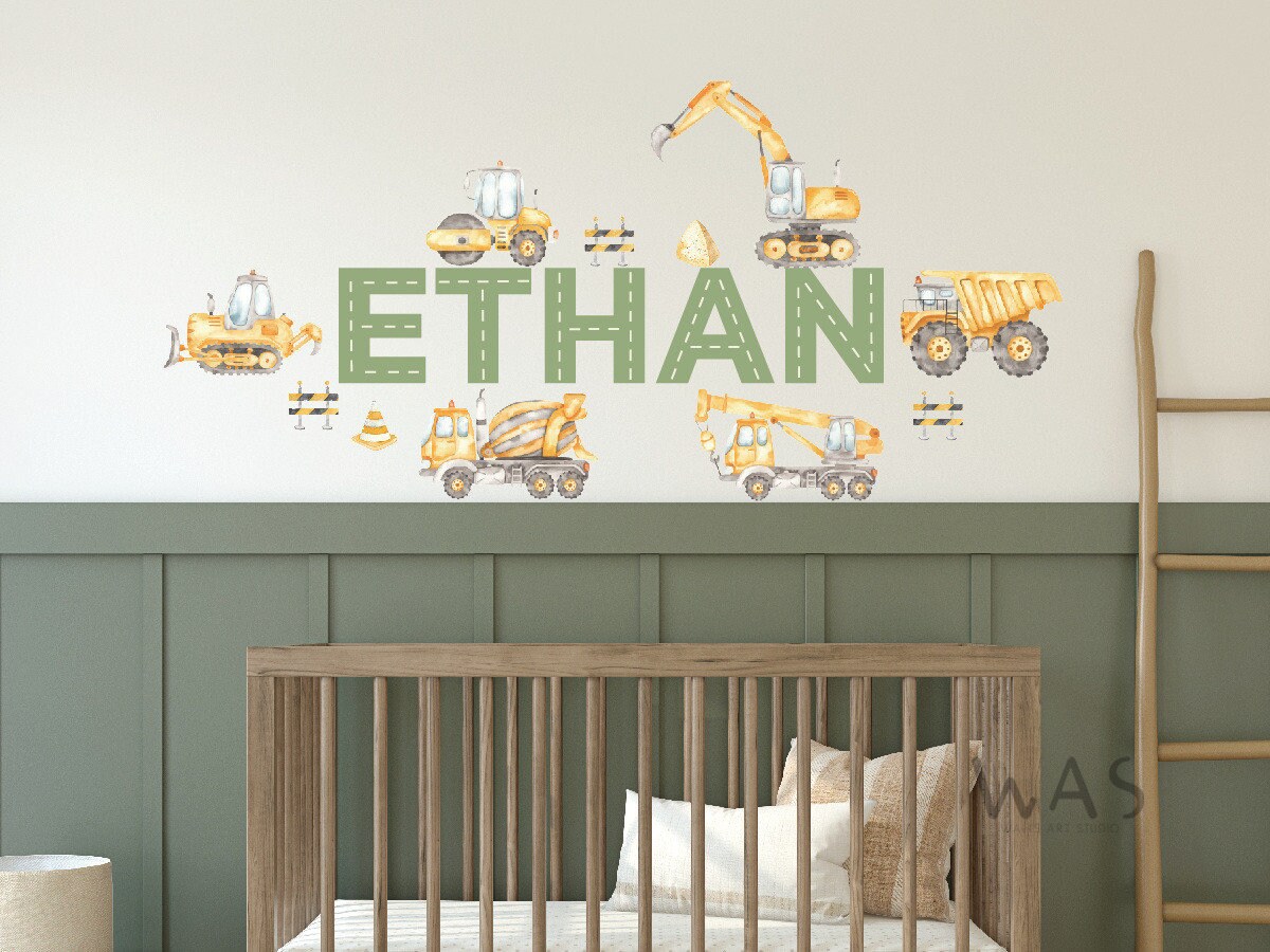 Personalized Name With Watercolor Construction Trucks Wall Decals ...