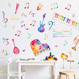 May include: Colourful watercolour musical instrument wall decals featuring a saxophone, violin, guitar, piano, trumpet, drums, and musical notes. The decals are perfect for adding a fun and whimsical touch to any child's room.